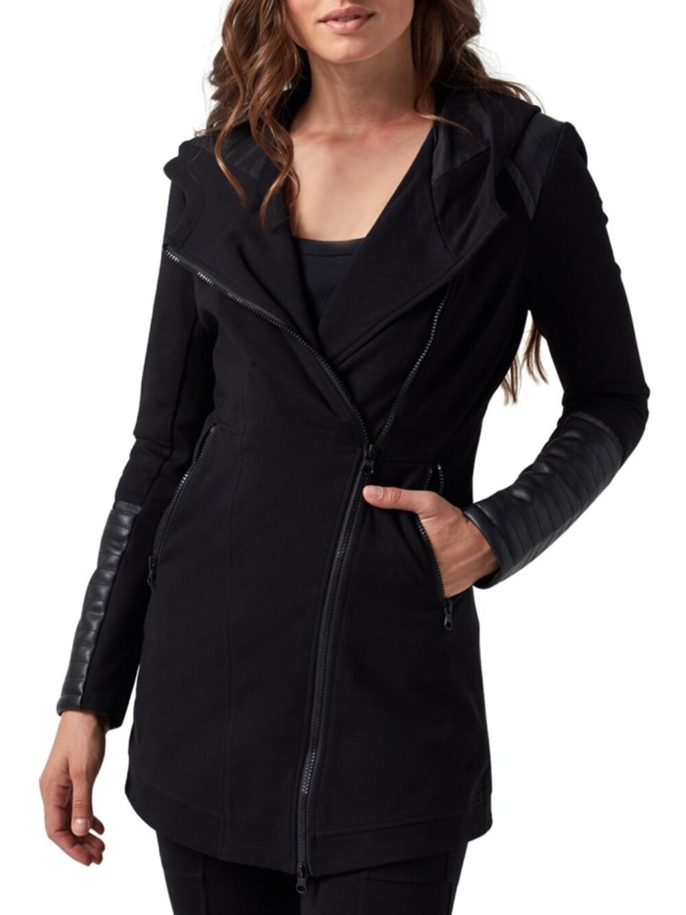 Blanc Noir Traveler Faux Leather Hooded Moto Athleisure Jacket
